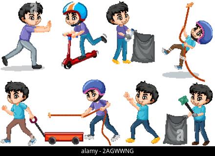 Set of boys doing different actions illustration Stock Vector