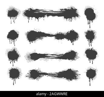 Set of Spray painted lines and grunge dots. Graffiti drawing strokes and dirty street art texture. Black dot print and splattered line. Vector illustr Stock Vector