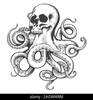 Human skull with octopus tentacles. Tattoo in engraving style. Vector illustration. Stock Vector