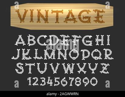 Vintage font in wood cut style. All letters isolated on white background. Vector illustration. Stock Vector
