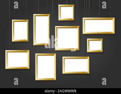 Set of golden picture frames isolated on black background. Vector illustration. Stock Vector