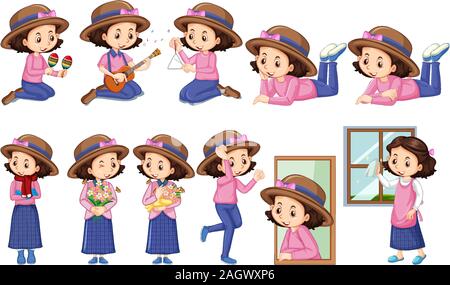 Girl in pink shirt doing different activities illustration Stock Vector