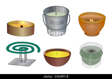 Set mosquito repellent candles and coil isolated on white background. Collection citronella candles used as mosquito repellent. Vector illustration. Stock Vector