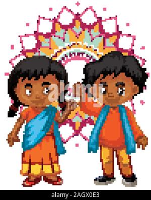 Indian boy and girl with mandala pattern in background illustration Stock Vector