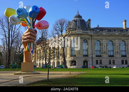 PARIS, FRANCE -20 DEC 2019- View of the sculpture Bouquet of Tulips by Jeff Koons outside the Petit Palais near the Champs-Elysees in Paris, France. Stock Photo