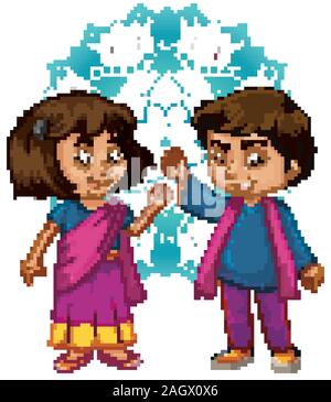 Boy and girl from India with mandala patterns in background illustration Stock Vector