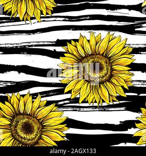 Sunflowers field seamless vector pattern for fabric textile design. Horizontal stripped brush strokes, ready to print. Yellow wildflowers with black artistic abstract lines Stock Vector