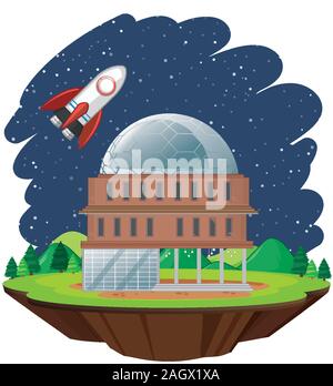 Scene with spaceship flying in the sky illustration Stock Vector