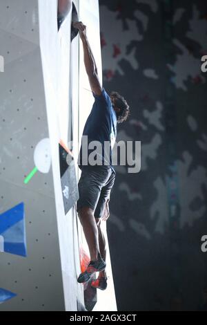 TOULOUSE, FRANCE - 28 NOV 2019: Bassa Mawem during the Men's Bouldering Qualification of the Sports Climbing Combined Olympic Qualification Tournament in Toulouse, France (Photo Credit: Mickael Chavet) Stock Photo