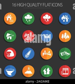 Natural disasters vector flat icons set. Nature catastrophe volcano ...