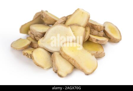 Ginger Slices isolated on white background (selective focus; close-up shot) Stock Photo