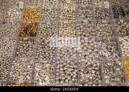 Beans in boxes multi-colored of different sizes and styles sold n local market in Greece Stock Photo