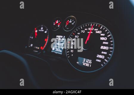 Close up shot of a speedometer in a car. Car dashboard with details with indication lamps and instrument panel. Modern interior Stock Photo