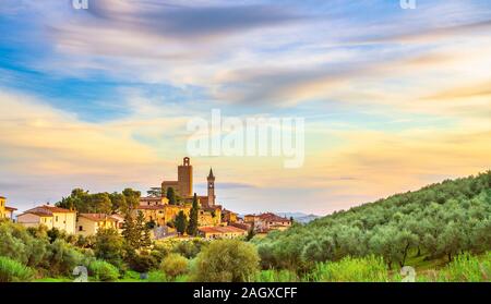 Vinci, Leonardo birthplace, village skyline and olive trees at sunset. Florence, Tuscany Italy Europe. Stock Photo