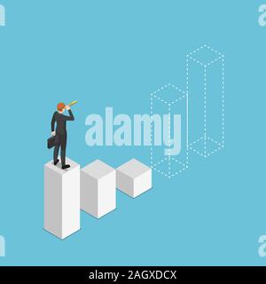 Flat 3d isometric businessman looking through telescope and prediction future of bar graph. Business vision and financial stock market forecast concep Stock Vector