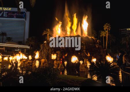 LAS VEGAS - JANUARY 24, 2018 : The Mirage Hotel artificial Volcano Eruption show in Las Vegas, USA. Stock Photo