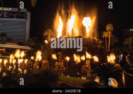 LAS VEGAS - JANUARY 24, 2018 : The Mirage Hotel artificial Volcano Eruption show in Las Vegas, USA. Stock Photo