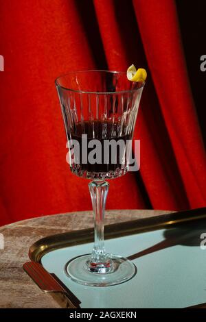 Red vermut (or vermouth), a fortified wine in Venice. Colorful background Stock Photo