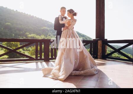 The first dance of the young. The bride and groom are dancing their first dance. Stock Photo