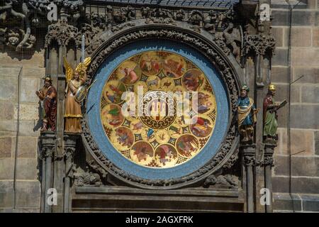 Die Prager Rathausuhr, auch Aposteluhr oder Altstaedter Astronomische Uhr ist eine weltweit bekannte astronomische Uhr aus dem Jahr 1410, die sich in Stock Photo