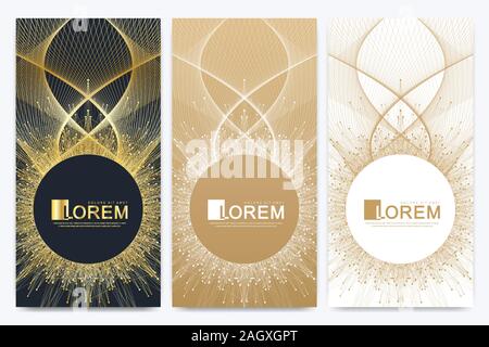 Modern golden set of vector flyer banners. Modern stylish polygonal pattern with connected line and dots. Molecule and communication background for me Stock Vector