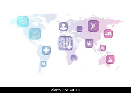Abstract health care background with flat icons on world map. Scientific business template healthcare. Innovation medical banner template. Vector illu Stock Vector