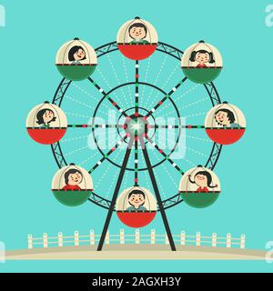 Happy kids ride Ferris wheel vector icon Stock Vector