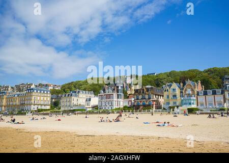 The Beach at Trouville-Sur-Mer, Calvados department; Normandy, a famous tourist attraction in Northern France. Stock Photo