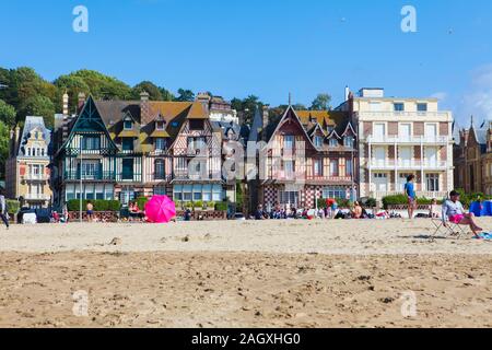 The Beach at Trouville-Sur-Mer, Calvados department; Normandy, a famous tourist attraction in Northern France. Stock Photo