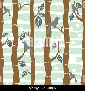 Seamless Tree Pattern with big birds and leaves. Vector Illustration. Stock Vector