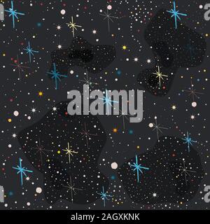 Seamless Pattern with Colorful Stars. Dark Starry Night. Red, yellow, blue stars. Vector Illustration Stock Vector