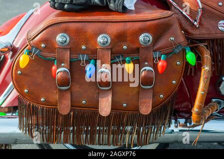 Pennsylvania, USA. 21st Dec, 2019. A members bike is decorated of the Delaware Valley Iron Indian Riders Association held their annual Ride Of the Santas and dropped off toys to children at  Saturday, December 21, 2019 at St Francis-St Vincent Home For Children in Bensalem, Pennsylvania. Credit: William Thomas Cain/Alamy Live News Stock Photo
