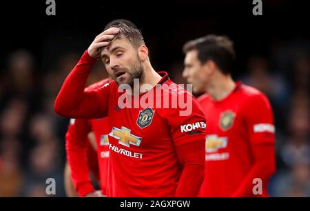 Manchester United's Luke Shaw appears dejected during the Premier League match at Vicarage Road, Watford. Stock Photo