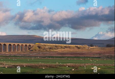 Colas Railfreight class 70 locomotive at  Ribblehead viaduct on the Settle to Carlisle Railway with a freight train carrying bulk railway ballast Stock Photo