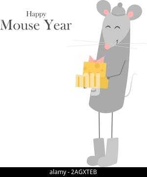 Symbol of chinese new year 2020. Rat. Funny happy smiling mouse in warm hat and felt boots with Christmas gifts. Vector illustration isolated on white Stock Vector