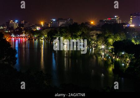 The Huc Bridge at night viewed from above, Hoan Kiem Lake, Hanoi, Vietnam, Asia