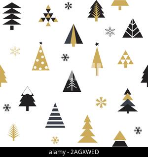 Seamless pattern with Christmas trees in black and gold on white background. Stock Vector