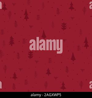 Christmas trees and snowflakes on a red background. Hand drawn vector illustration. Stock Vector