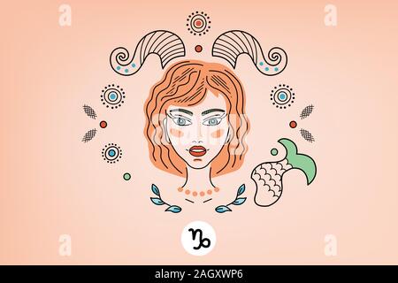 Illustration of zodiac signs constellations Capricorn, logo, tattoo. Girl or woman with horns and a fish tail, fantasy ornament in fairy tail style. Stock Vector
