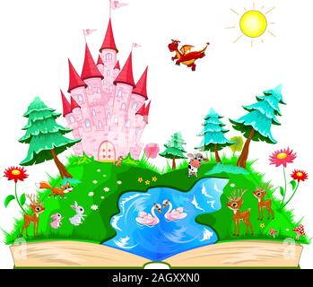 Open fairytale book. On the pages of a pink castle, various animals, a river, a forest and flowers. Stock Vector