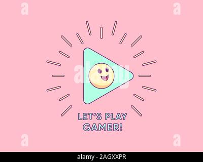 Lets play Gamer, cartoon composition with play sign surrounded rays, cheerful emoji and slogan text. Minimalistic vector illustration, gaming social m Stock Vector