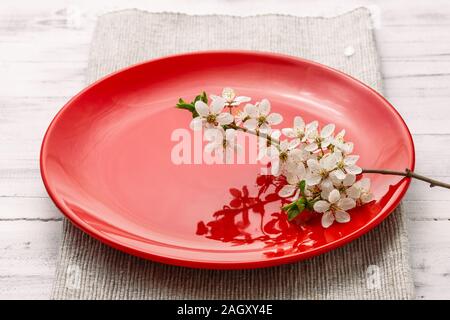 Spring table set with plates and blooming white flowers branch Stock Photo