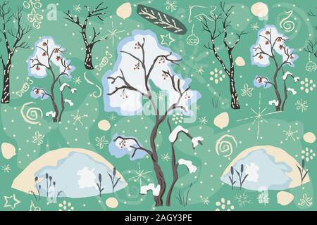 Seamless Winter pattern with merry Christmas tree, berry tree covered with snow and snowdrifts. Repeating winter pattern. Vector Illustration Stock Vector