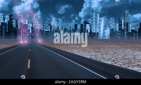 Stormy sky on desert road leading into futuristic city Stock Photo - Alamy