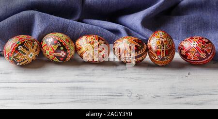 Pysanky, Ukrainian Easter eggs decorated with wax-resist dyeing technique, traditional for Eastern European countries Stock Photo
