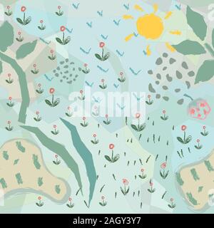 Cute seamless background with palms, field, sun, grass. Cute childish abstract design. Vector Illustration Stock Vector