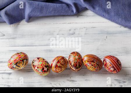 Pysanky, Ukrainian Easter eggs decorated with wax-resist dyeing technique, traditional for Eastern European countries Stock Photo