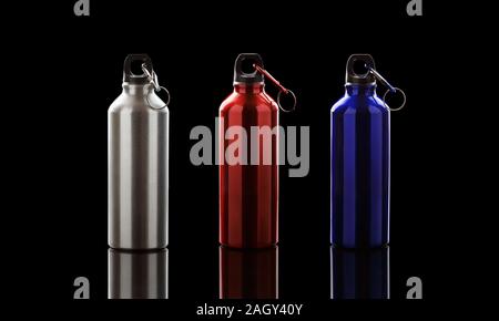 Three aluminium bottles on reflective black background. Sillver, red and blue water flask Stock Photo