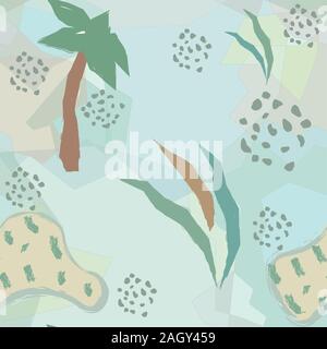 Cute seamless background with palms, field, sun, grass. Cute childish abstract design. Vector Illustration Stock Vector