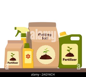 Packing with soil for potted plants. Potting soil, various fertilizers in bottles and spray gun. Vector illustration in flat style Stock Vector